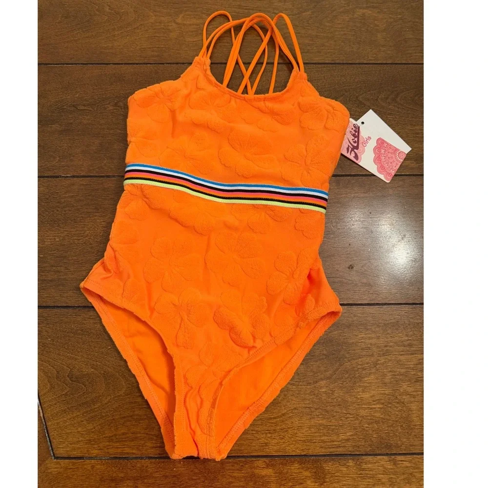 NEW Hobie Girls Neon Orange Floral Textured One Piece Swimsuit Size 8 HG3YF05G
